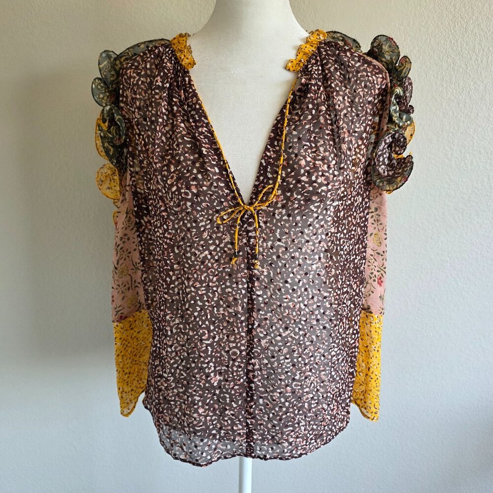 Ulla Johnson Blouse Silk Blend Triple Ruffle Sleeve Top Boho Peasant Size 2
